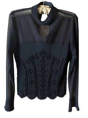 Black Sheer Mesh Beaded Mock Neck Blouse Jr Nites by Caliendo